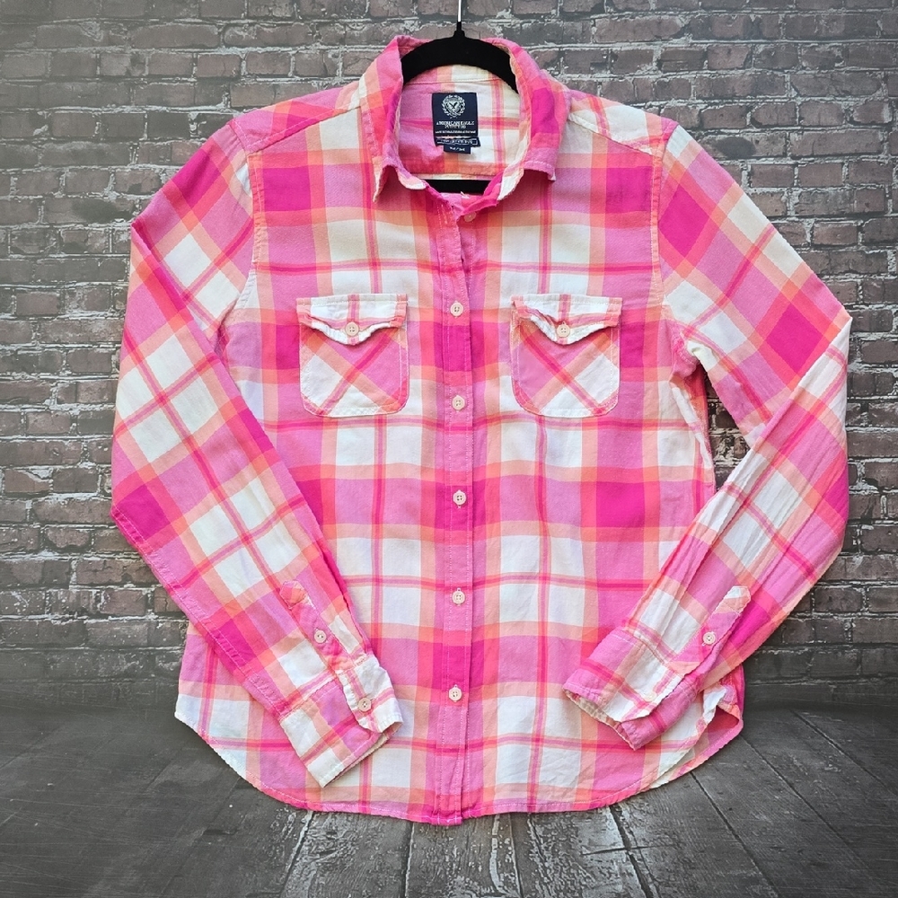 American Eagle Outfitters Pink and White Plaid Shirt